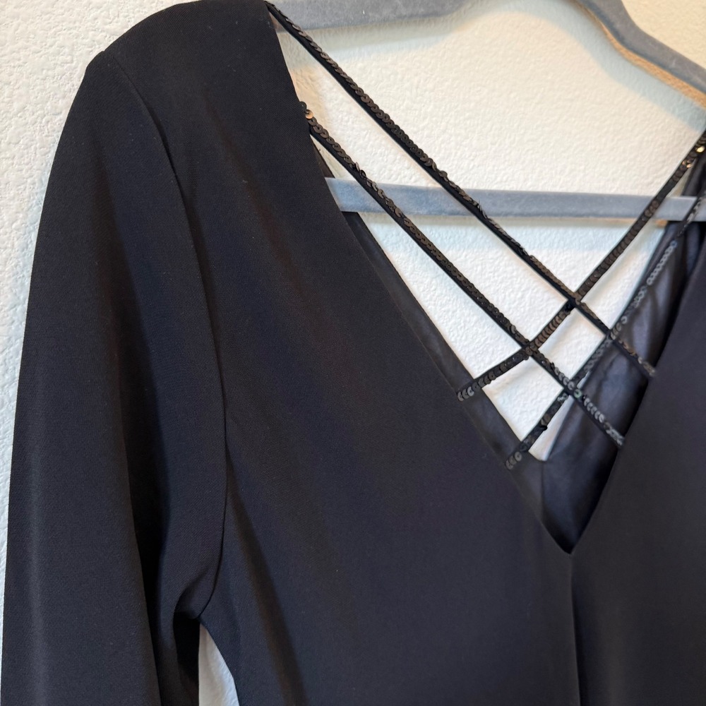 Lauren‎ Ralph Lauren Black Sequin Crisscross Back Midi Dress Long Sleeve Size 6 - Picture 2 of 11